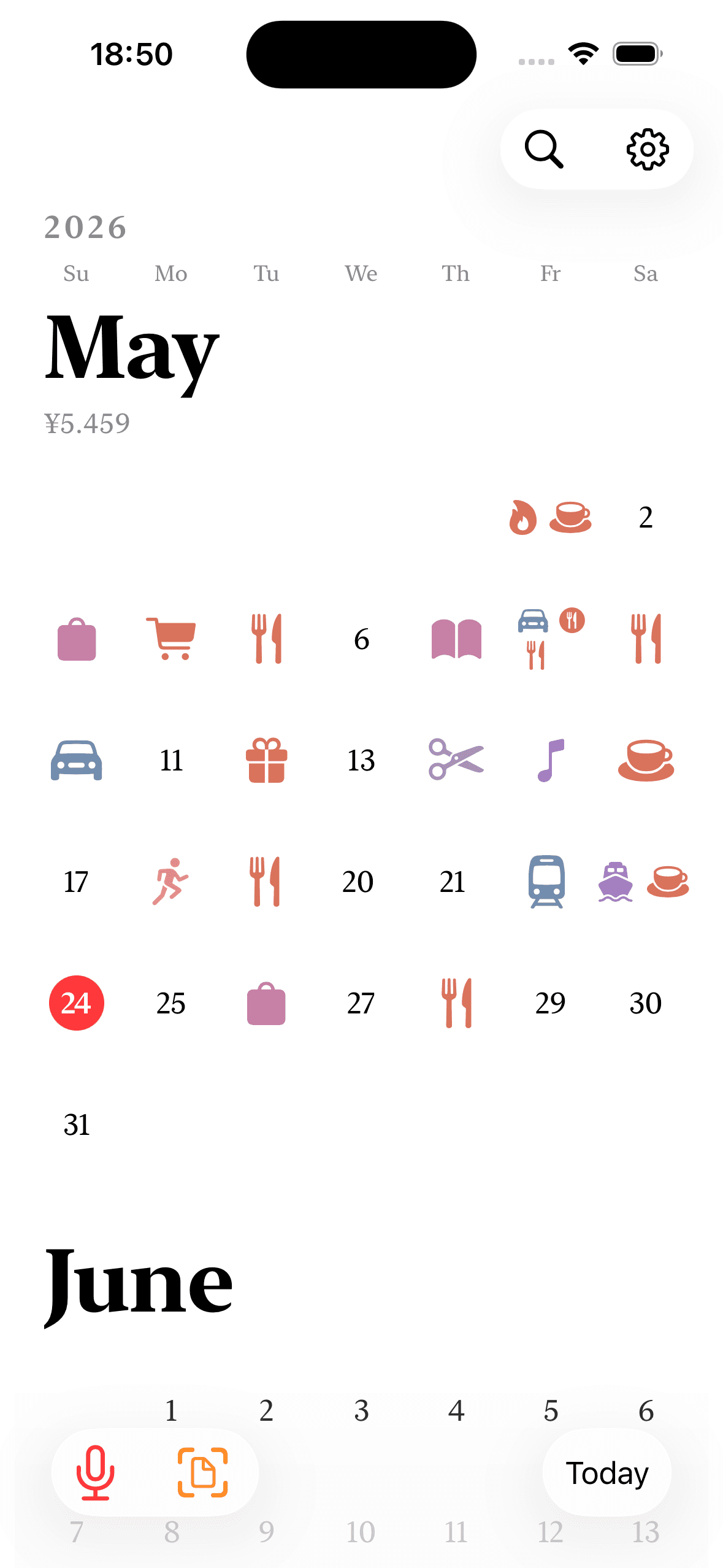 ExpenSee calendar — a month of expenses laid out on a calendar
