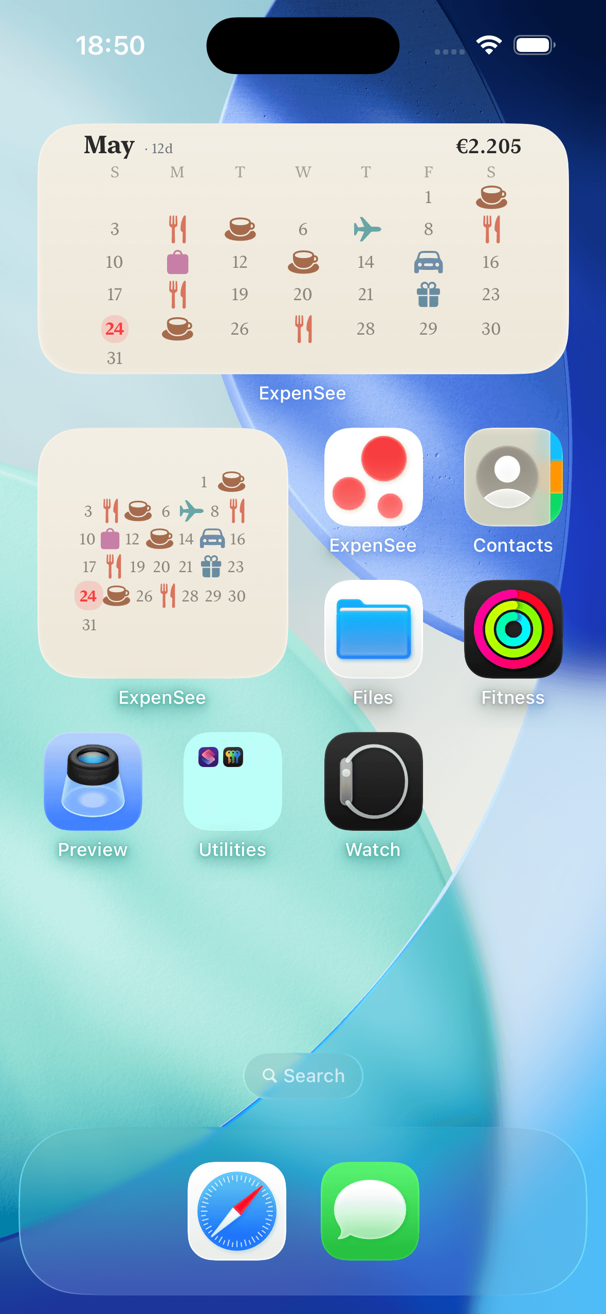ExpenSee widget on a home screen alongside other apps